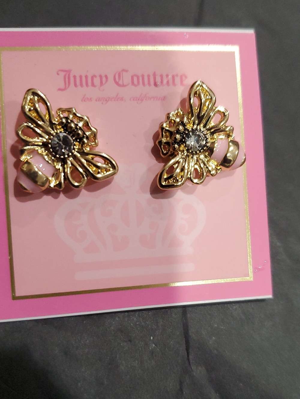 Juicy Couture gold tone cz solitaire stud crowned pink gold striped earrings new